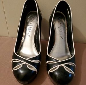 Black and white wedge heels